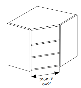 Technical drawing of an splay corner wall cabinet with dimensions indicated.