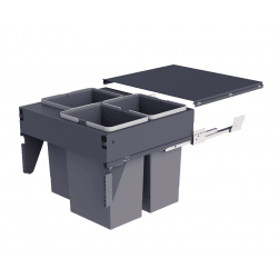 Grey storage unit with open drawers and a small table on a white background