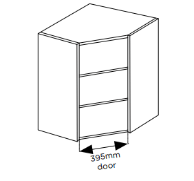 Diagram of a tall splay corner cabinet with dimensions indicated