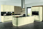 Modern Vivo kitchen with ivory gloss cabinets and featuring curved doors and curved plinth.