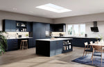 Modern Vivo kitchen with dark blue slab-style cabinet doors, white countertops, and a central island.