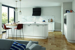 Modern Vivo kitchen with matt white cabinets and island. Featuring curved doors and curved plinth.