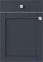 Indigo cabinet door with two silver knobs