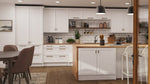 Modern kitchen with white cabinets, wooden countertops, and a dining area.