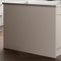 Grey kitchen island with a white countertop in a modern kitchen setting