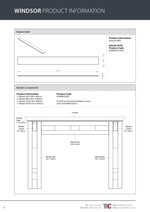 Technical drawing of a fireplace mantel kit with dimensions and product codes.
