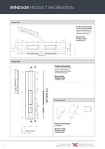 Technical drawings and product information for Windsor products on a white background