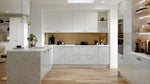 Modern Zurfiz kitchen with white cabinets, marble-effect island, and wooden floor.