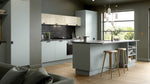 Modern Zurfiz kitchen with grey island and wooden stools, large window in background