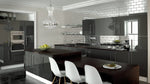 Zurfiz kitchen with black island and white chairs