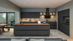 Modern Zurfiz kitchen with graphite cabinets and wooden countertops