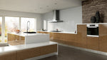 Modern Zurfiz kitchen with wooden cabinets, white countertops, and stainless steel appliances.
