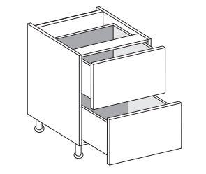 A diagram showing a 500mm base unit with 2 drawers, indicating the layout and dimensions.