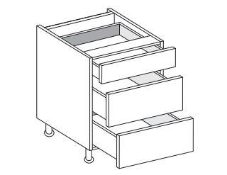 Line drawing of a kitchen cabinet with three drawers on a white background.