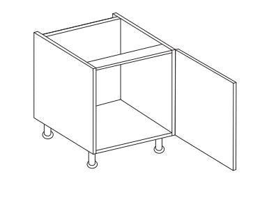 Line drawing of a belfast sink base cabinet with one opened door.