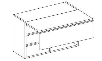 Line drawing of a bi-fold wall unit with one door and one panel shown in an open position, highlighting the bi-fold door lift system.
