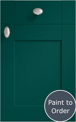 Cambridge Amazon Green cabinet door and drawer front. Both have a silver knob. Labelled 'Paint to Order'. 