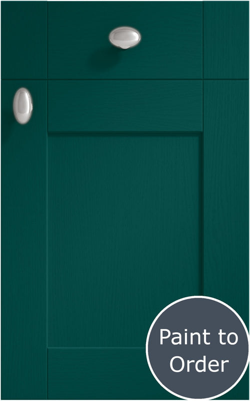 Cambridge Amazon Green cabinet door and drawer front. Both have a silver knob. Labelled 'Paint to Order'. 