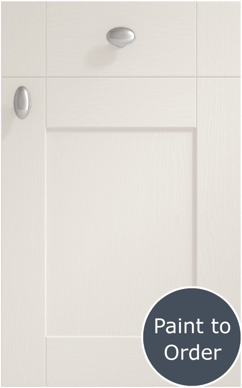 Cambridge Cashmere cabinet door and drawer front. Both have a silver knob. Labelled 'Paint to Order'. 