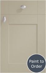 Cambridge Dakar cabinet door and drawer front. Both have a silver knob. Labelled 'Paint to Order'. 