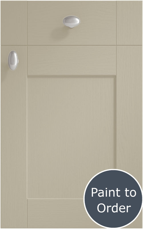 Cambridge Dakar cabinet door and drawer front. Both have a silver knob. Labelled 'Paint to Order'. 
