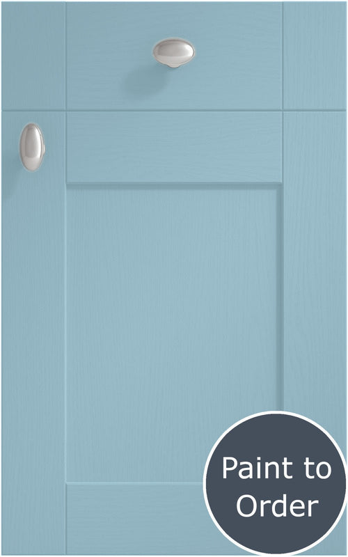 Cambridge Denim cabinet door and drawer front. Both have a silver knob. Labelled 'Paint to Order'. 