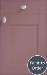 Cambridge Dusky Pink cabinet door and drawer front. Both have a silver knob. Labelled 'Paint to Order'. 