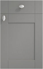 Cambridge Dust Grey cabinet door and drawer front. Both have a silver knob.