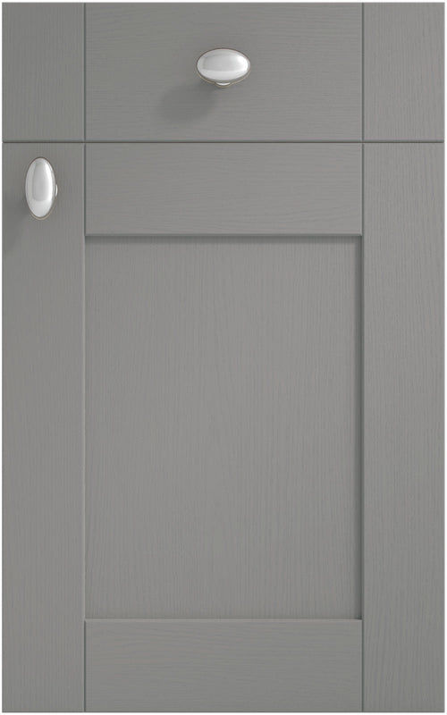 Cambridge Dust Grey cabinet door and drawer front. Both have a silver knob.