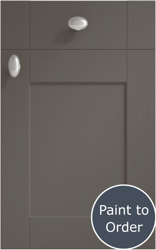 Cambridge Lava cabinet door and drawer front. Both have a silver knob. Labelled 'Paint to Order'. 