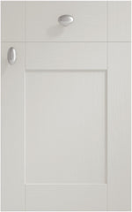 Cambridge Light Grey cabinet door and drawer front. Both have a silver knob.