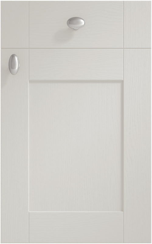 Cambridge Light Grey cabinet door and drawer front. Both have a silver knob.