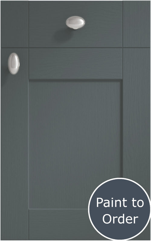 Cambridge Onyx Grey cabinet door and drawer front. Both have a silver knob. Labelled 'Paint to Order'. 