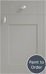 Cambridge Pebble Grey cabinet door and drawer front. Both have a silver knob. Labelled 'Paint to Order'. 