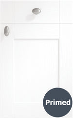 A primed white shaker style kitchen cabinet door with a flat centre panel and visible timber grain, part of the Cambridge Kitchen Collection. Labelled 'Primed'.