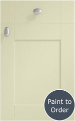 Cambridge Sage Green cabinet door and drawer front. Both have a silver knob. Labelled 'Paint to Order'. 