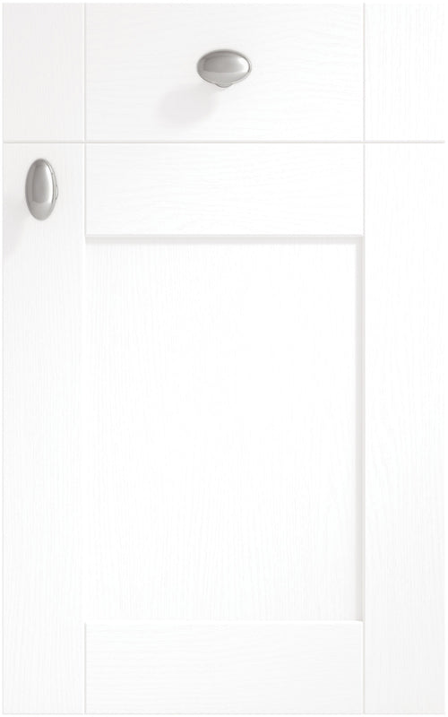 A white five piece shaker style kitchen cabinet door with flat centre panel and feature joints, from the Cambridge collection.