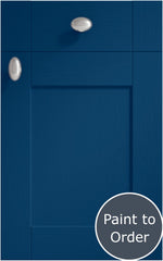Cambridge Sapphire Blue cabinet door and drawer front. Both have a silver knob. Labelled 'Paint to Order'. 