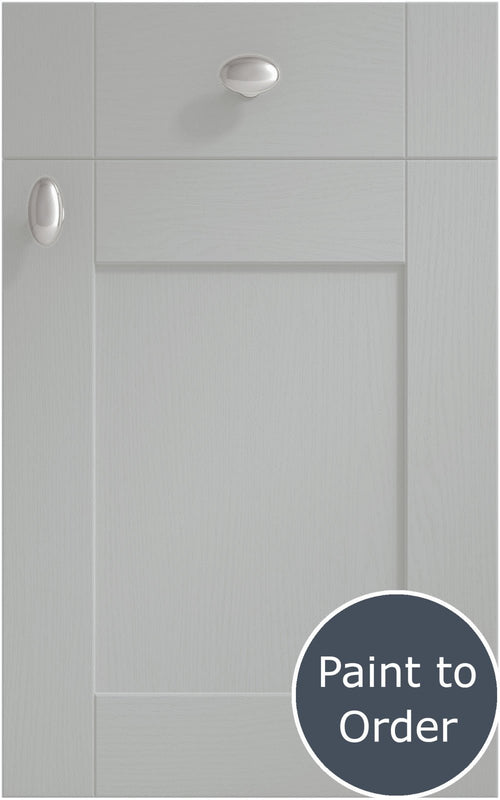 Cambridge Silver Grey cabinet door and drawer front. Both have a silver knob. Labelled 'Paint to Order'. 