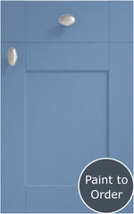 Cambridge Smoke Blue cabinet door and drawer front. Both have a silver knob. Labelled 'Paint to Order'. 