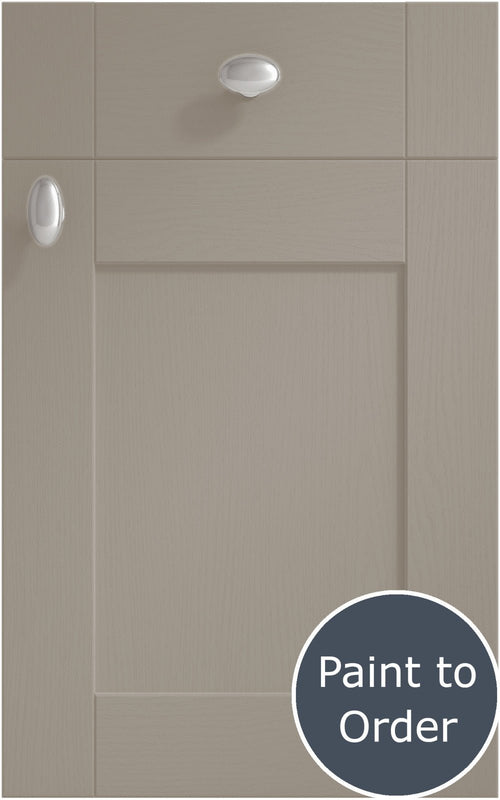 Cambridge Stone Grey cabinet door and drawer front. Both have a silver knob. Labelled 'Paint to Order'. 