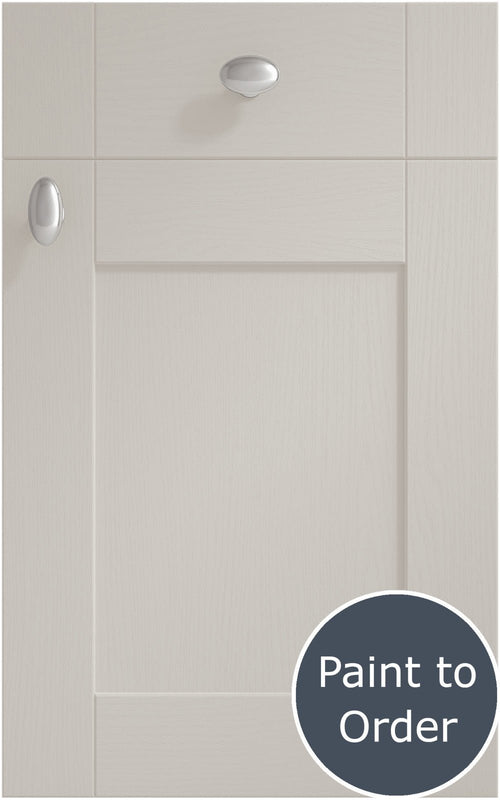 Cambridge Taupe Grey cabinet door and drawer front. Both have a silver knob. Labelled 'Paint to Order'. 