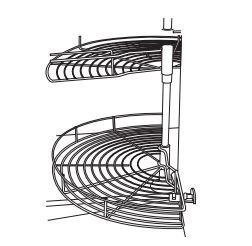 Black and white line drawing of pull-out carousel for kitchen cabinet storage.