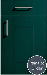 Cartmel Amazon Green cabinet door and drawer front. Both have a silver handle. Labelled 'Paint to Order'. 