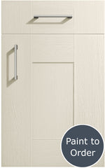 Cartmel Chalkstone cabinet door and drawer front. Both have a silver handle. Labelled 'Paint to Order'. 