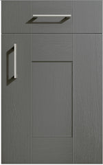 Cartmel Dust Grey cabinet door and drawer front. Both have a silver handle. Labelled 'Paint to Order'. 