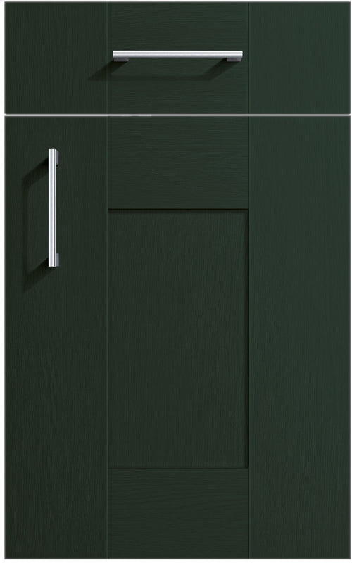 Cartmel Fir Green cabinet door and drawer front. Both have a silver handle.