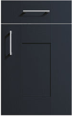 Cartmel Indigo cabinet door and drawer front. Both have a silver handle.
