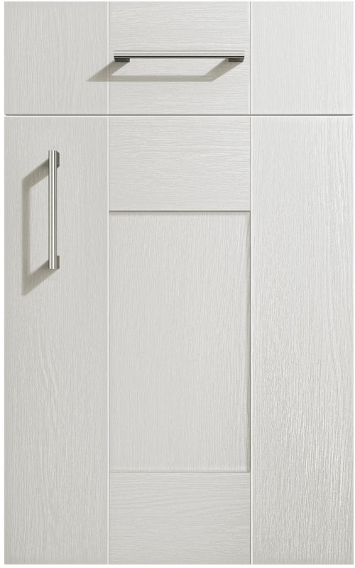 Cartmel Light Grey cabinet door and drawer front. Both have a silver handle.