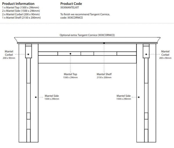Technical drawing of a Cartmel mantel kit with dimensions and product codes.